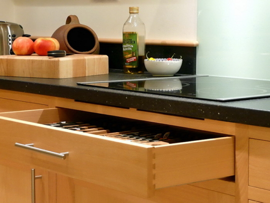 Beech and painted tulipwood kitchen (detail)