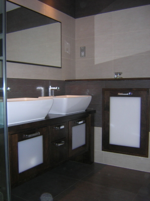 Dark oak and white glass double vanity unit