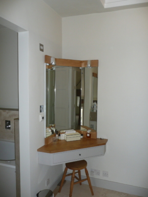 Painted wood and oak dressing table and mirror