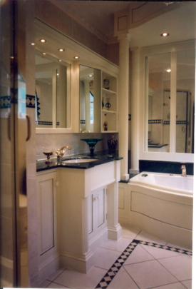 Painted vanity unit, cupboards and panelling